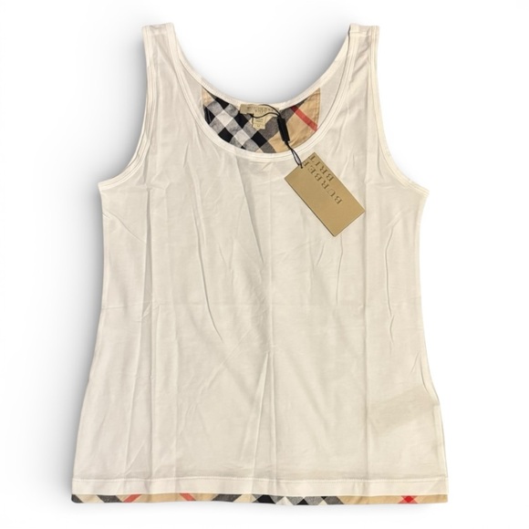 Burberry Brit Tank Top Sleeveless Shirt M White Nova Check Trim Designer Holiday - Picture 3 of 6